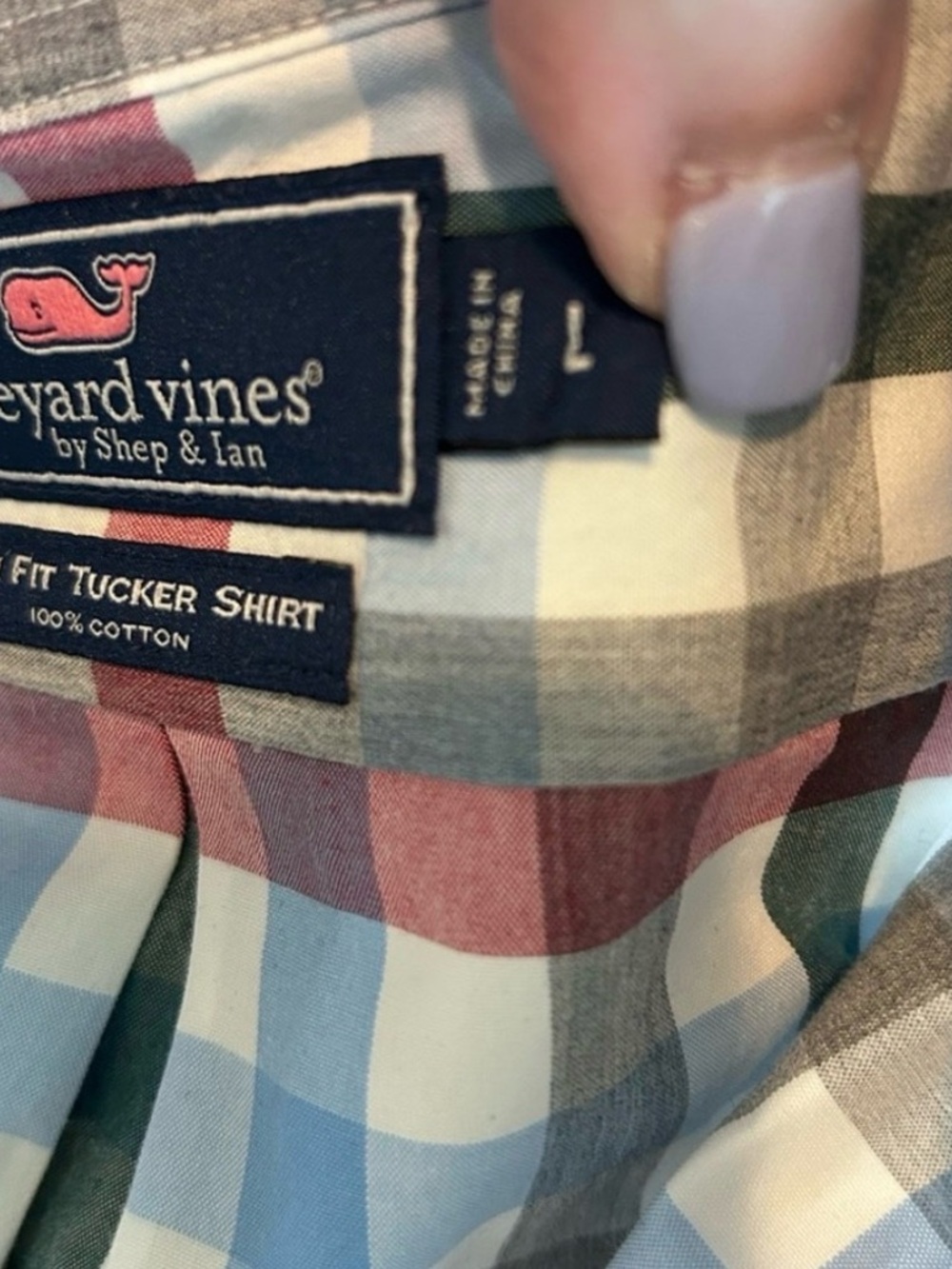 Vineyard Vines Slim Fit Tucker Shirt is blue, red and white plaid - Picture 6 of 7
